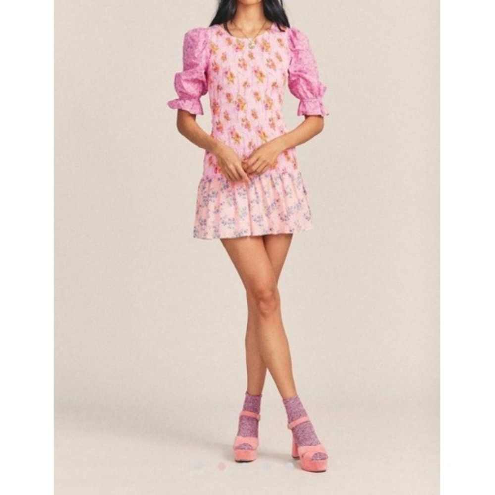 LoveShackFancy Luppa Pink Floral Smocked Mini Dress Puff Sleeve Size M